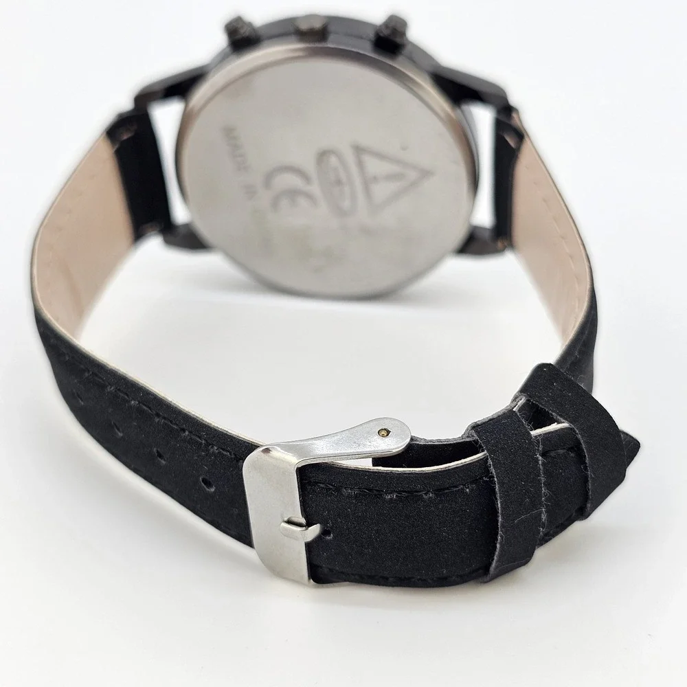 Men's Analog Watch 41MM Black Dial Date Black Faux‎ Leather Bands New Battery